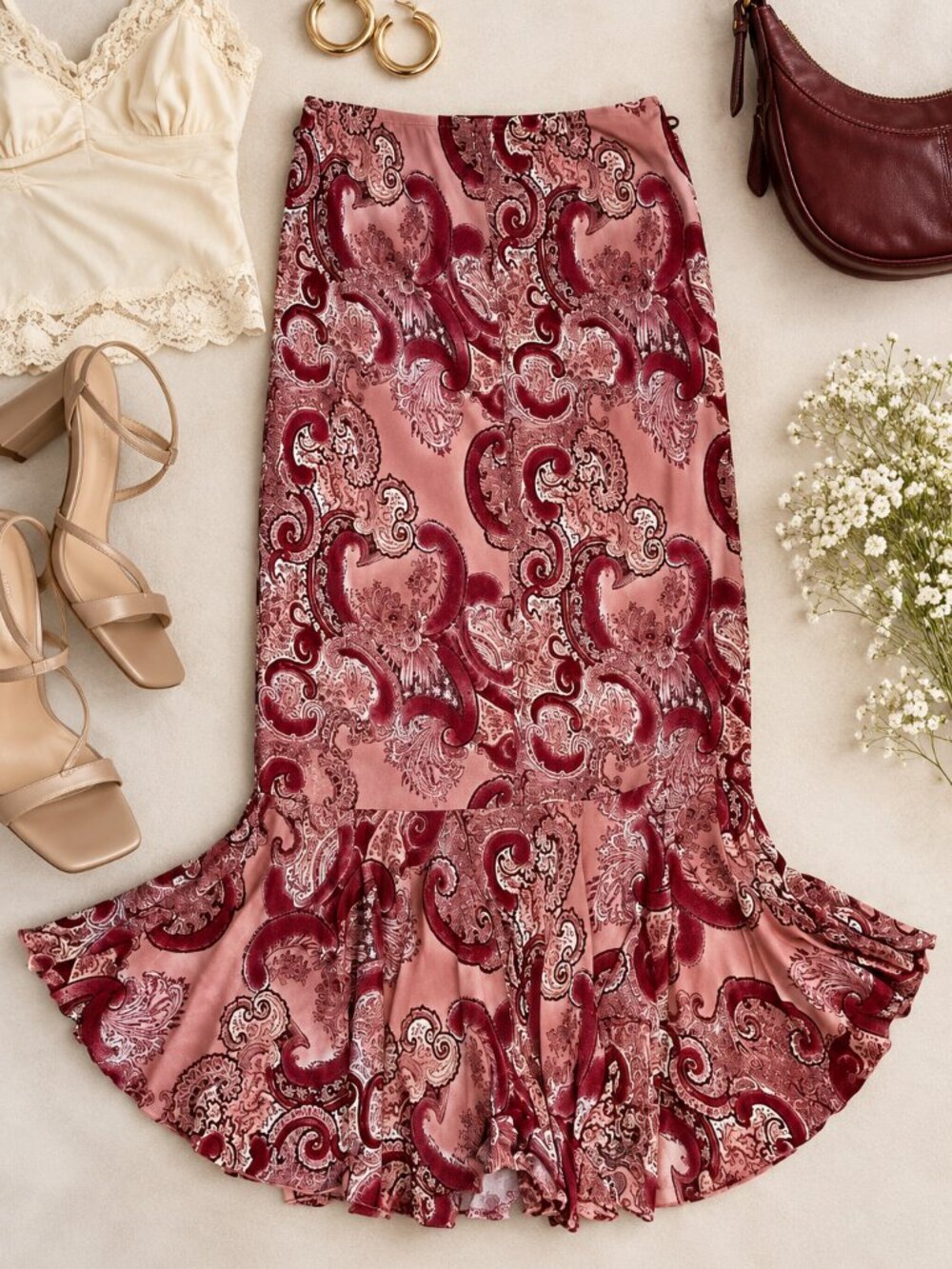 Vintage Wet Seal Y2K Paisley Mermaid Maxi Skirt Ruffle Hem L USA
